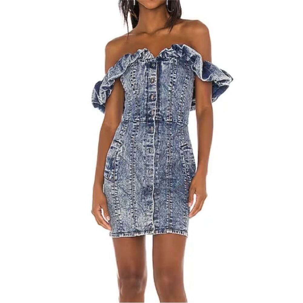 Misha Trisha Acid Wash Blue Denim Off The Shoulder Ruffle Mini Dress 10 - Picture 3 of 13